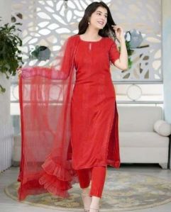 Ladies Red Rayon Embroidered Salwar Suit with Dupatta