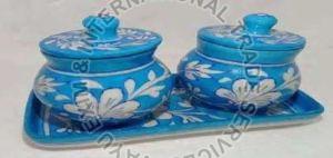 Blue Pottery Tray with 2 Jars