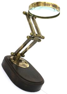 Antique Brass Desk-Top Magnifier on Solid Wood Base