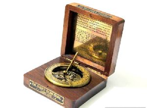 Brass Sundial Compass in a Wooden Box