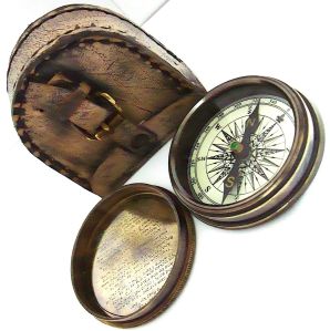Vintage Star Antique Brass Poem Compass with Leather Case