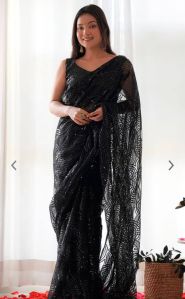 Black Embellished Sequinned Net Saree