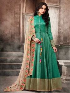 Green Cotton Printed Anarkali Suit