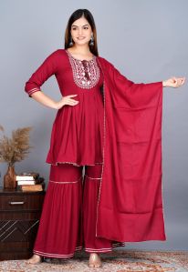 Red Rayon Designer Sharara Suit