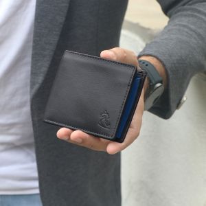 KARA Bifold Genuine Leather Men's Wallet - Regular Dual Color Black & Blue Wallet for Men