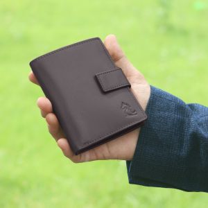 KARA Brown Men's Button Lock Genuine Leather Wallet - Vertical Bifold Wallets for Men with Multiple