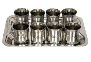 9 Pcs Stainless Steel Tray & Glass Set