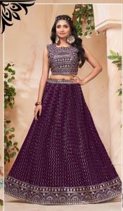 Purple Crop Top Lehenga Set, Technics : Machine Made