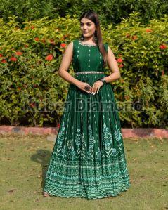 Ladies Full Stitched Green Flared Printed Gown
