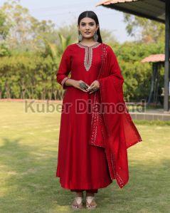 Ladies Red Hand Embroidery Kurti With Pant