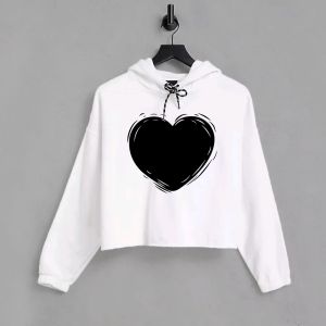 Black Heart Printed White Crop Hoodie