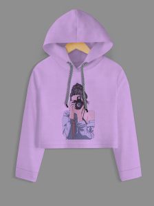 Camera Girl Printed Purple Crop Hoodie