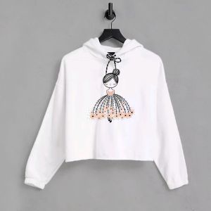 Doll Printed White Crop Hoodie