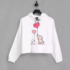 Elephant & Rabbit Printed White Crop Hoodie