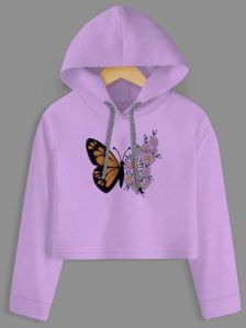 Flowers & Butterfly Printed Purple Crop Hoodie