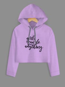 Girls Can Do Anything Printed Purple Crop Hoodie