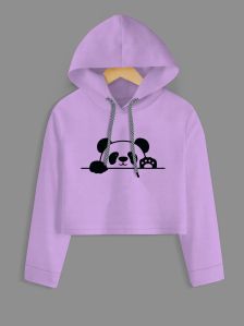 Hello Panda Printed Purple Crop Hoodie