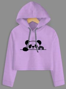 Hello Panda Printed Purple Crop Hoodie