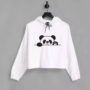 Hello Panda Printed White Crop Hoodie
