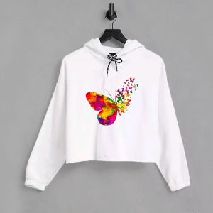 Multicolored Butterfly Printed White Crop Hoodie