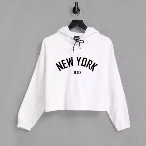 New York Printed White Crop Hoodie