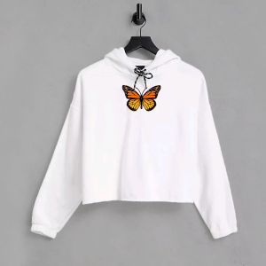 Orange Butterfly Printed White Crop Hoodie