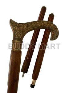 Vintage Brass Handle Brown Cane Walking Stick