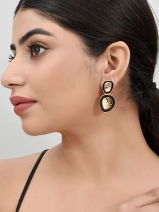 0122INSH23-2799 Ladies Gold Plated Black Handcrafted Drop Earrings