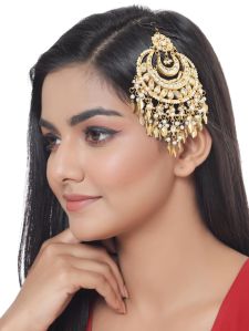 SH14-2068 Gold-Plated Kundan Studded & Beaded Maang Tikka