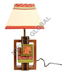 Handcrafted Tribal Motifs White Shade Wood Table Lamp