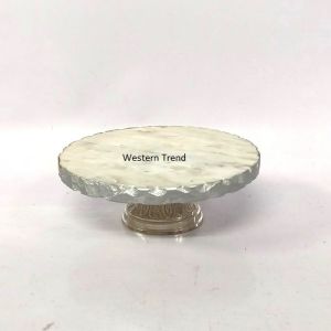 Marble Cake Platter With Rough Textured With Metal Base