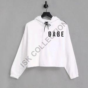 Babe Printed White Crop Hoodie