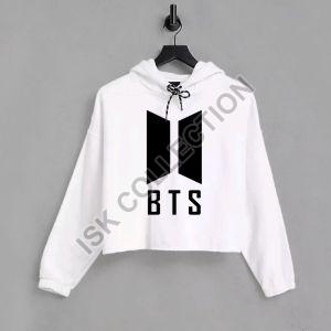 Black BTS Logo Printed White Crop Hoodie