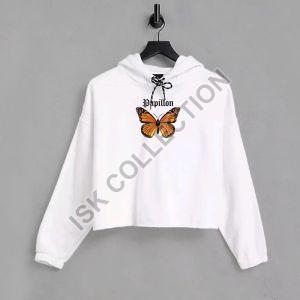 Butterfly Papillon Printed White Crop Hoodie