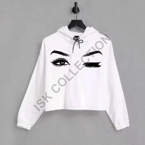 Eye Blink Printed White Crop Hoodie