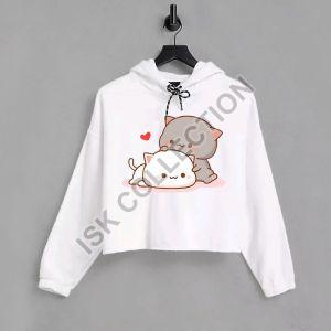 Kitty Printed White Crop Hoodie, Gender : Female