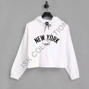 New York Printed White Crop Hoodie