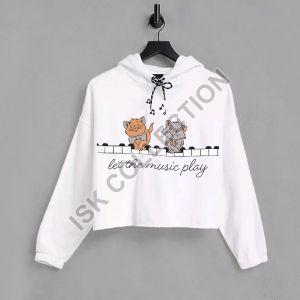 Piano Cats Printed White Crop Hoodie