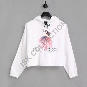 Princess Printed White Crop Hoodie