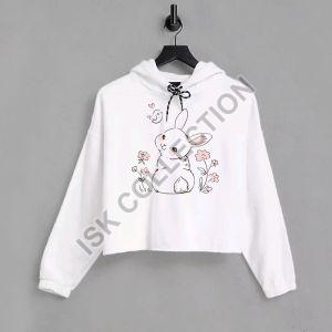 Rabbit and Flower Printed White Crop Hoodie