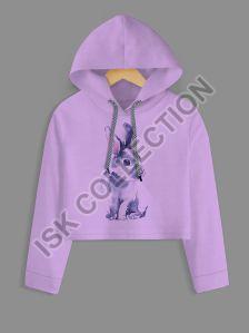 Rabbit Printed Purple Crop Hoodie, Gender : Female