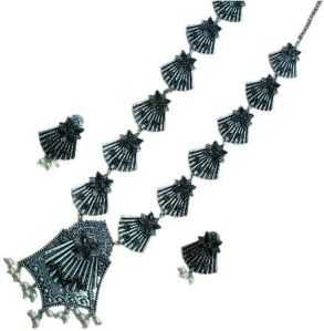 Ethereal Aura Silver Look Oxidized Black Color Long Necklace Set