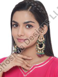 SH14-1989 Green & Pink Gold Plated Kundan Classic Drop Earrings