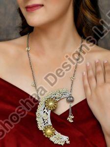 SH28-KM-NL-3436 Silver Plated Oxidised Beaded Long Necklace