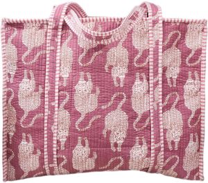 Handblock printed quilted tote bag with concealed zipper