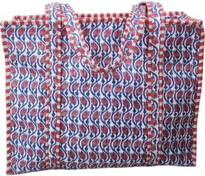 Handblock Printed Quilted tote bags with zip