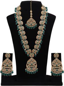 Emerald Glow Reverse AD Stone Mehandi Plated Chandbali Long Necklaces Set