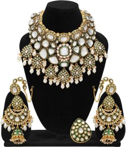 Gold plated Jodha Akbar Indian Style Kundan &amp;amp; Meena Work Beads Splendor Bridal Choker Set.