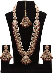 Traditional Mehandi plated Reverse AD Pearl Studded Long Necklaces Set.