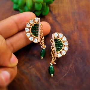 Green and Silver Kundan Stone Earrings